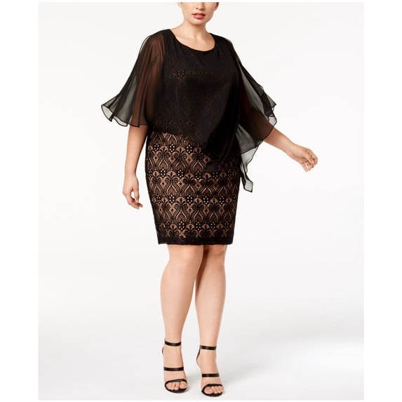 Connected Apparel Womens Lace Cape Above-Knee Cold Shoulder Dress, Black, Plus Size, 14