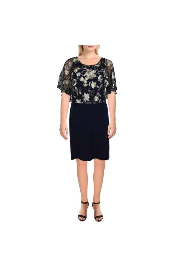 Womens Cape Overlay Cocktail Dress, Blue, Petite, 4P