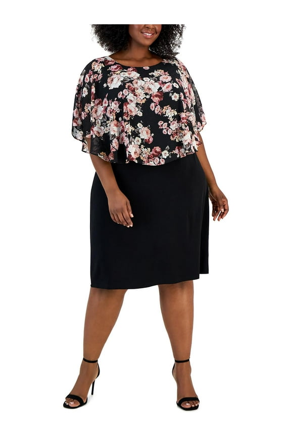 Womens Plus Chiffon Floral Popover Shift Dress
