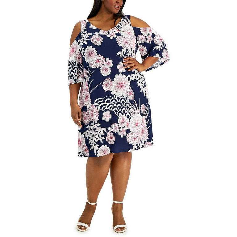 Connected Apparel Womens Plus Floral Cold Shoulder Mini Dress