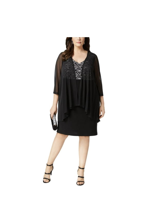 Womens Black Sequined Sleeveless V Neck Knee Length Sheath Formal Dress Plus Size: 20W