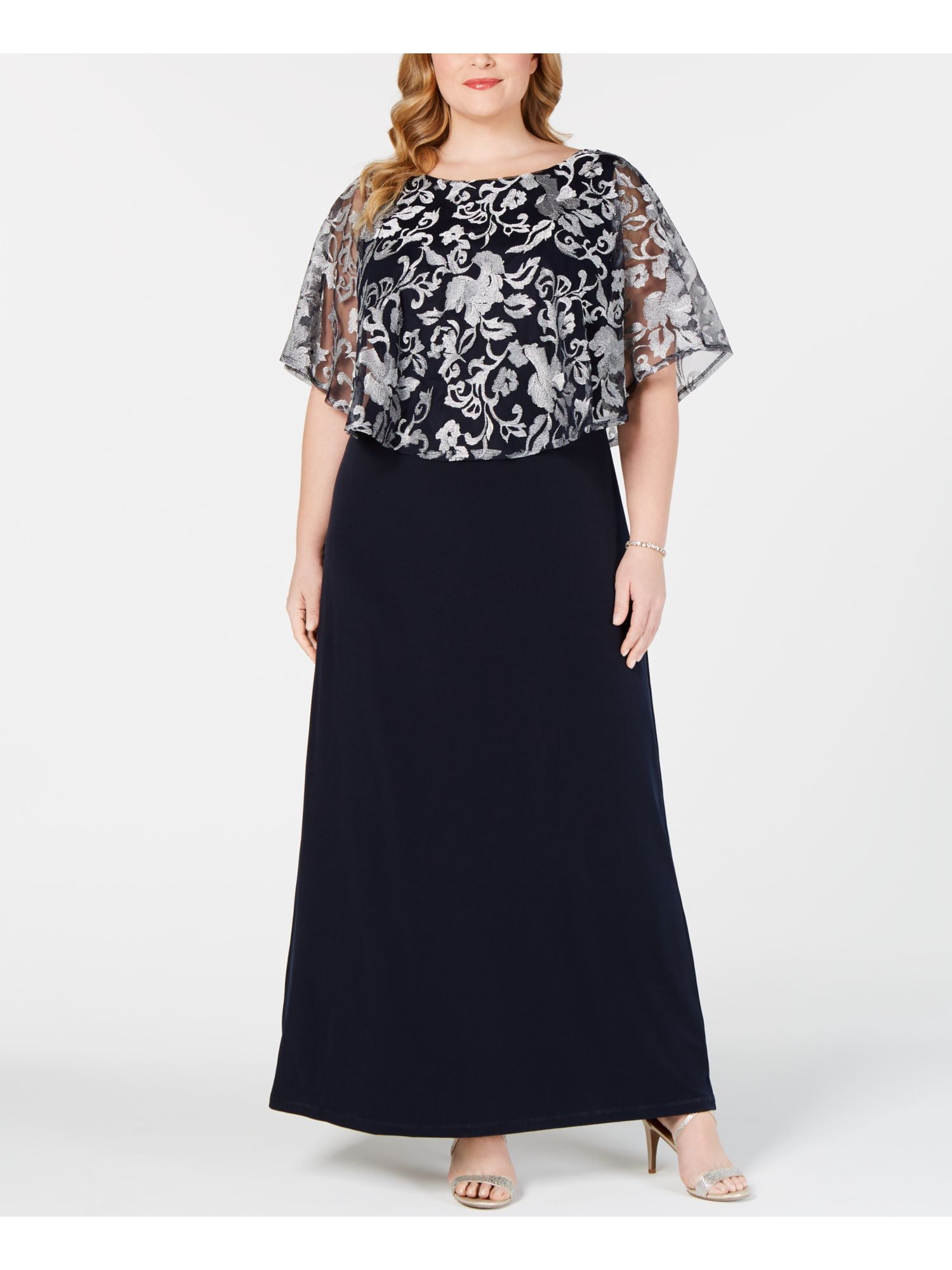 Connected Apparel Womens Plus Metallic Capelet Formal Dress Navy