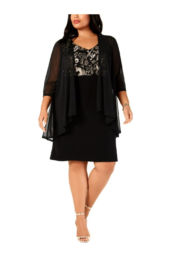Womens Plus Metallic Sheer Cocktail And Party Dress