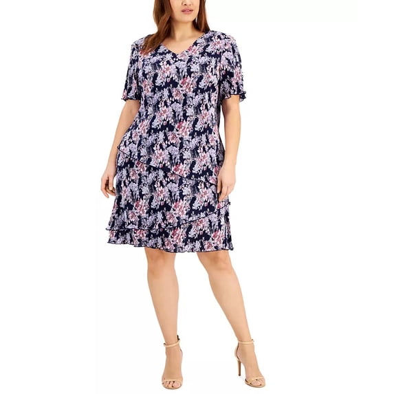 Connected NAVY/MAUVE Women's Plus Size Floral-Print Tiered Sheath Dress, US 14W