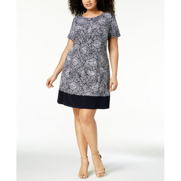 Connected Plus Size Printed Boat Neck Dress Navy 24W