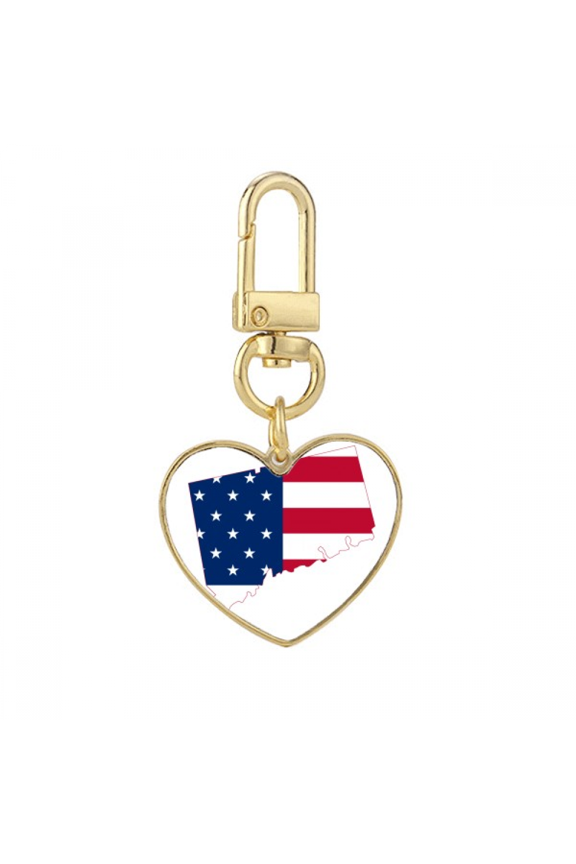 Connectic USA Map Stars tripes Flag Shape Gold Heart Keychain Metal Keyring Holder