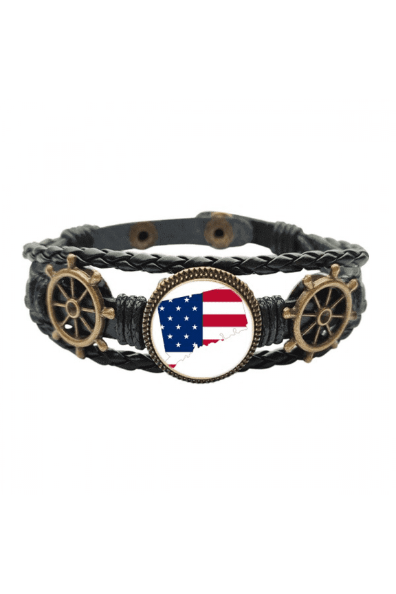 Connectic USA Map Stars tripes Flag Shape Leather Braided Ocean Bracelet Wristband