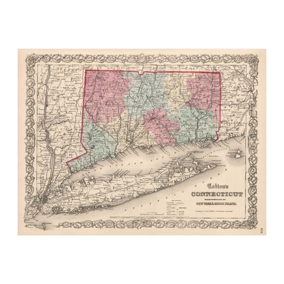 Connecticut Art, 1861 Vintage Map of Connecticut History Wall Decor Gift, Old Connecticut Map - 24" x 18" Unframed Print