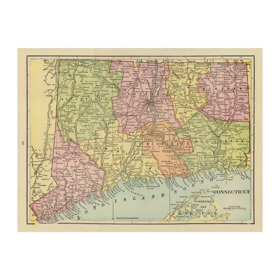 Connecticut Art, 1909 Vintage Map of Connecticut History Wall Decor Gift, Old Connecticut Map - 24" x 18" Unframed Print