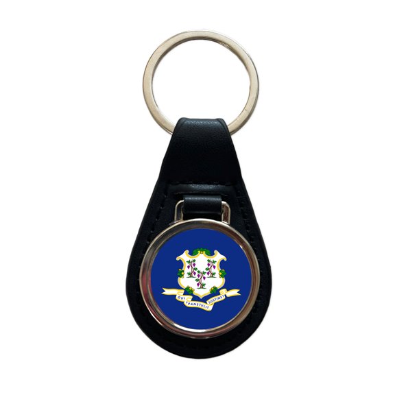Connecticut CT State Flag Metal Black Leather Keychain