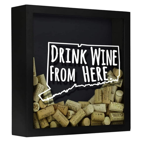 Torched Connecticut Wine Cork Shadow Box Wall Mount Decor 13"x13"x3" Black