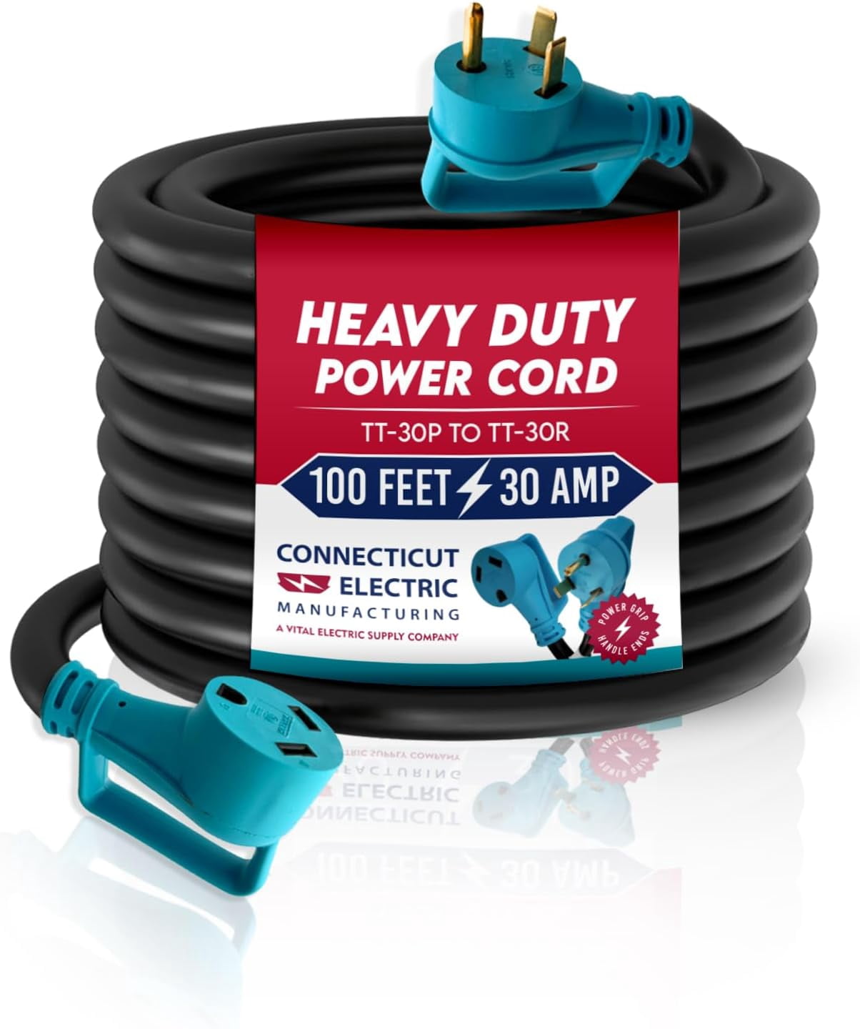Connecticut Electric 100-Foot 30-Amp RV/EV Power Cord for TT-30P to TT-30R