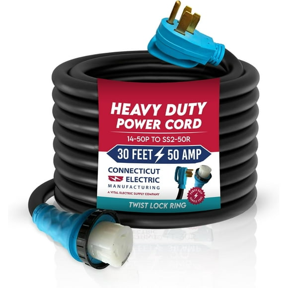 Connecticut Electric 30-Foot 50-Amp RV/EV Power Cord w/ Straight Twist Lock Ring/Power Grip Handle Ends