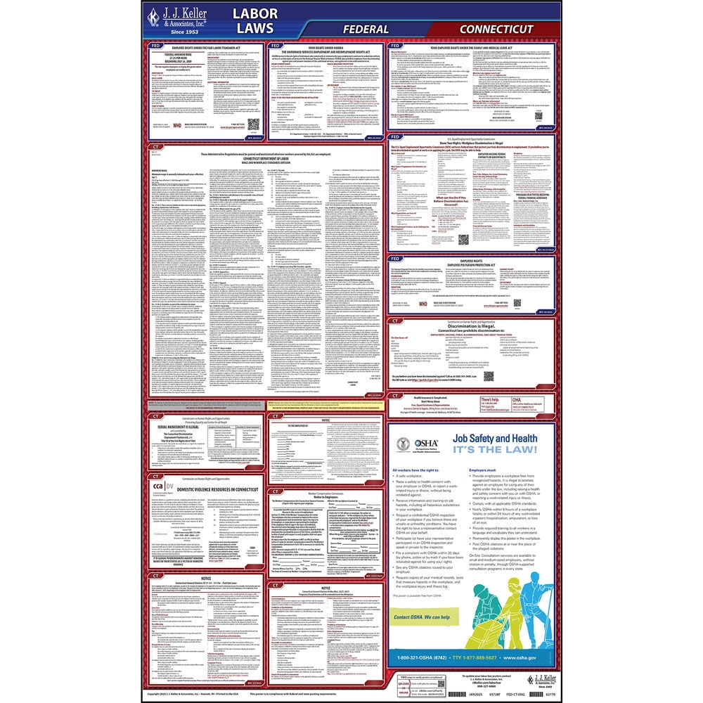 Connecticut Labor Law Poster, All-in-One OSHA Compliant CT State & Federal Laminated Poster (24" x 40" English)