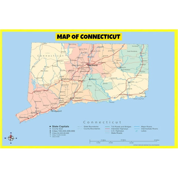 Connecticut Map Poster - Laminated Wall Map - Style A - 18x24 - Ideal for Classrooms and Homes – Features Bright Colors and Vivid Imagery