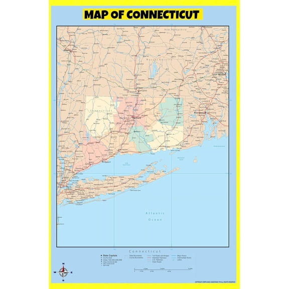 Connecticut Map Poster - Laminated Wall Map - Style B - 24x36 - Ideal for Classrooms and Homes – Features Bright Colors and Vivid Imagery