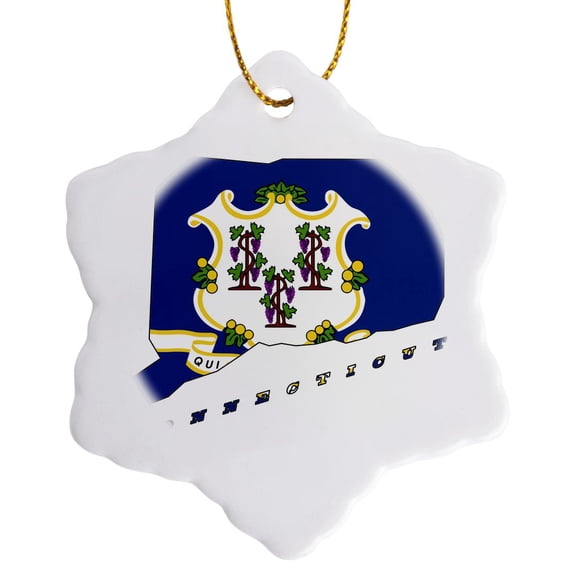 3drose, Connecticut State Flag in the Outline Map and Letters of Connecticut, 3 inch Snowflake Porcelain Ornament