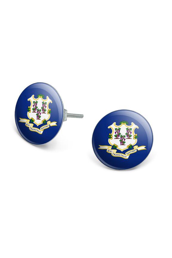 Connecticut State Flag Novelty Silver Plated Stud Earrings