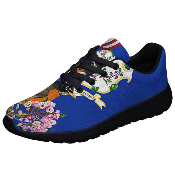Connecticut Stte American flag Robin Bird and Mountain Laurel Flower Shoes Sneakers Black Size 10.5