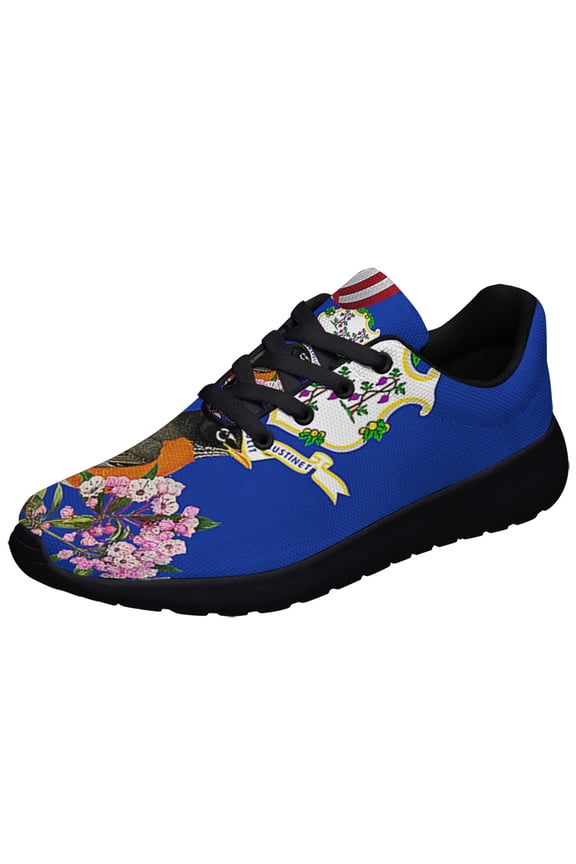 Connecticut Stte American flag Robin Bird and Mountain Laurel Flower Shoes Sneakers Black Size 8