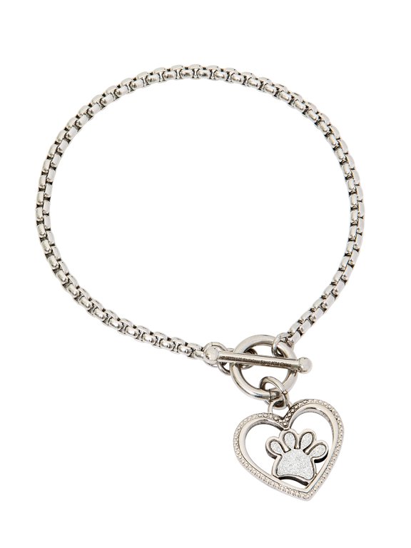Glitter Paper Paw Toggle Bracelet 7.50 in, Stainless Steel