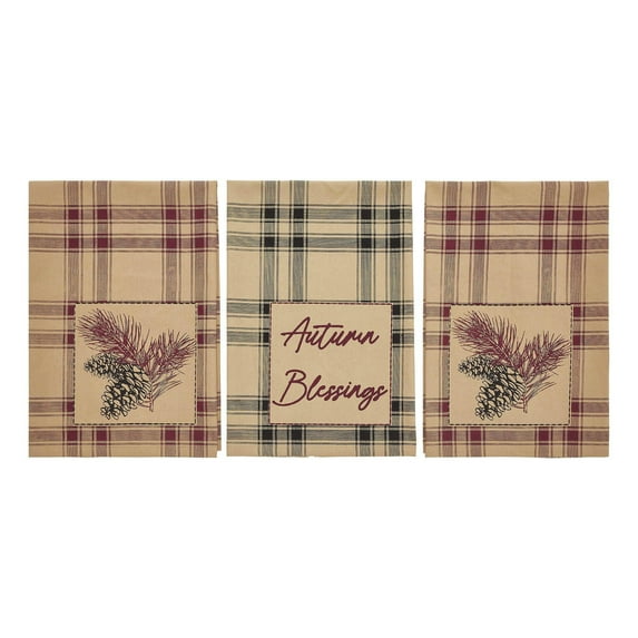 VHC Brands Connell Pinecone Seasonal Farmhouse Decor Fall Plaid Kitchen Tea Towel Set of 3 19x28