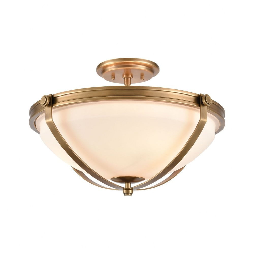 Transitional 3-Light Semi-Flush Mount in Natural Brass with Frosted Glass Bowl