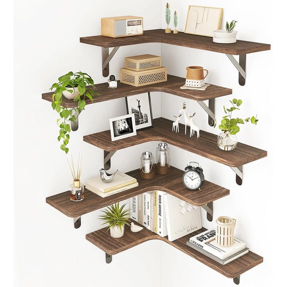 Conner Floating Shelves for Wall Decor, Dark Carbonized Black 5pcs | Solid wood shelf with metal brackets, holds 40 lbs. Optimizes corner storage. Fits bathroom, kitchen, bedroom & living room.