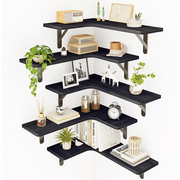 Conner Shelves Wall Mounted for Decor, Black Set of 5 | Solid wood shelf with metal brackets, holds 40 lbs. Optimizes corner storage. Fits bathroom, kitchen, bedroom & living room.