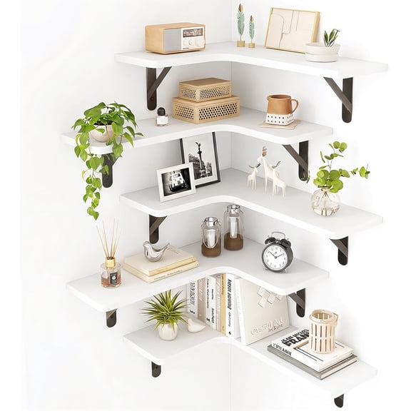 Conner Shelves Wall Mounted for Decor, White Set of 5 | Solid wood shelf with metal brackets, holds 40 lbs. Optimizes corner storage. Fits bathroom, kitchen, bedroom & living room.