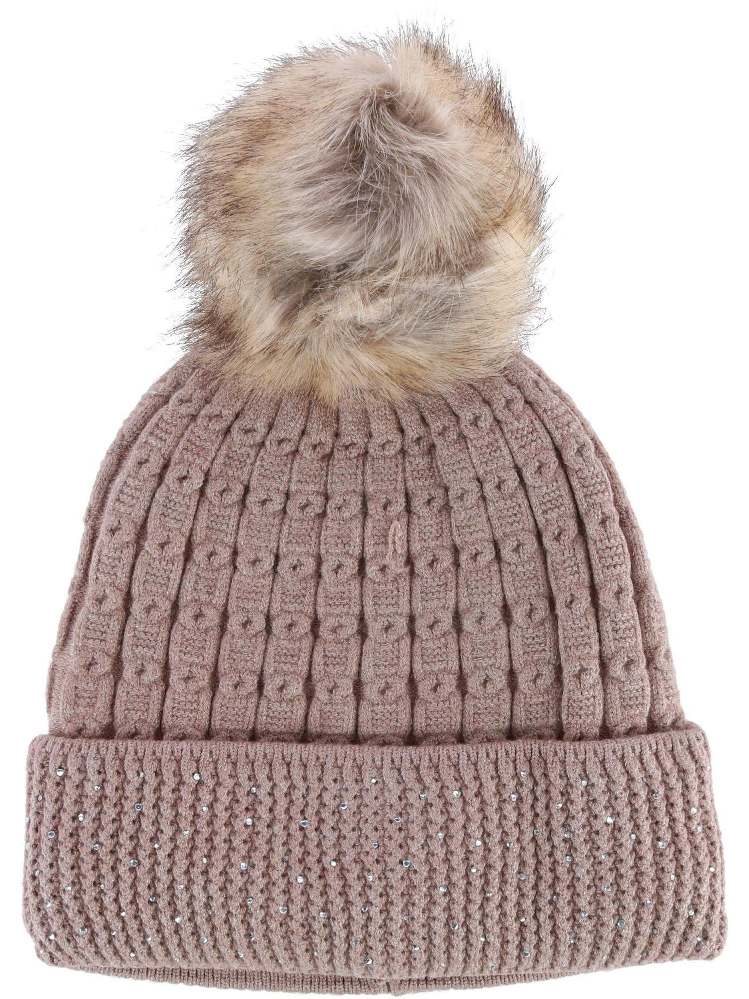 Connex Gear Brushed Knit Cuff Hat with Rhinestone Brim and Pom (Women