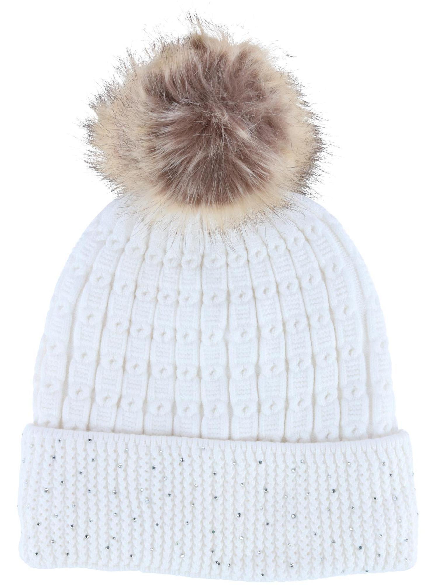 Connex Gear Brushed Knit Cuff Hat with Rhinestone Brim and Pom (Women