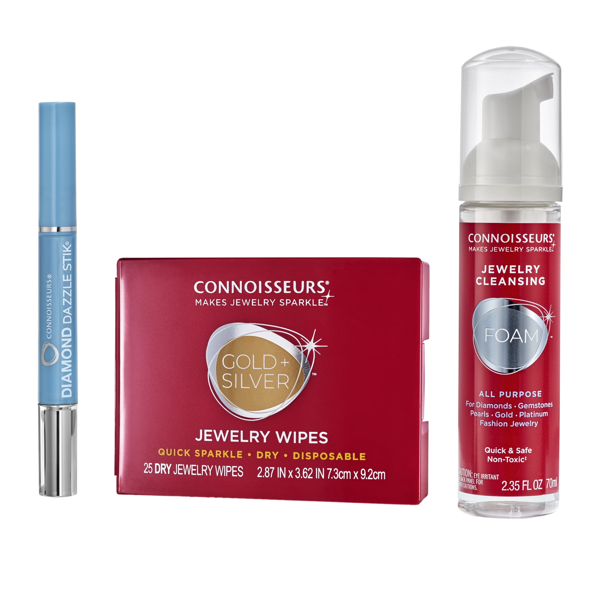 Connoisseurs Jewelry Cleaning Kit, Includes Dry Disposable Wipes to Polish Gold and Silver in Carry Compact,  Diamond Dazzle Stik and Foam & Brush for All Pieces Including Watches, 3 Pack