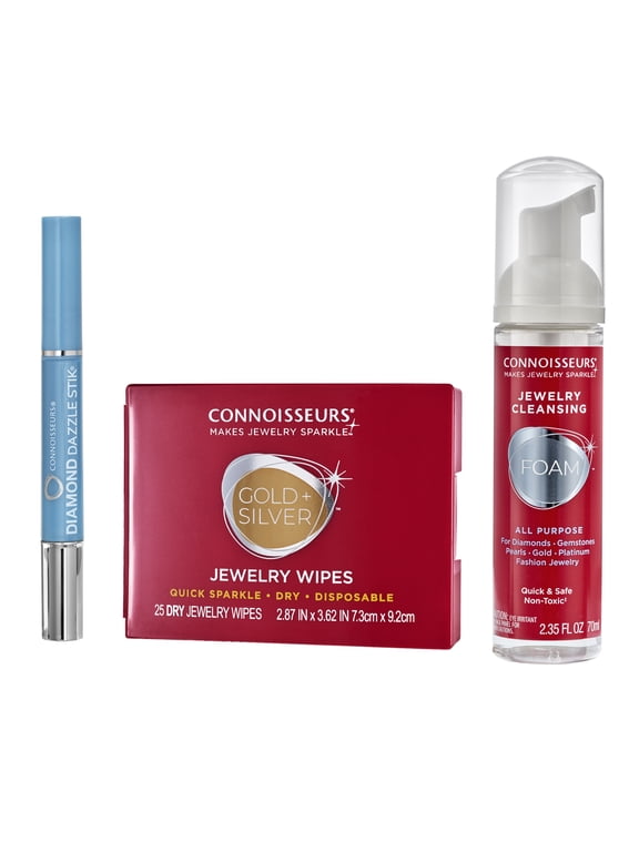 Jewelry Cleaning Kit, Includes Dry Disposable Wipes to Polish Gold and Silver in Carry Compact, Diamond Dazzle Stik and Foam & Brush for All Pieces Including Watches, 3 Pack