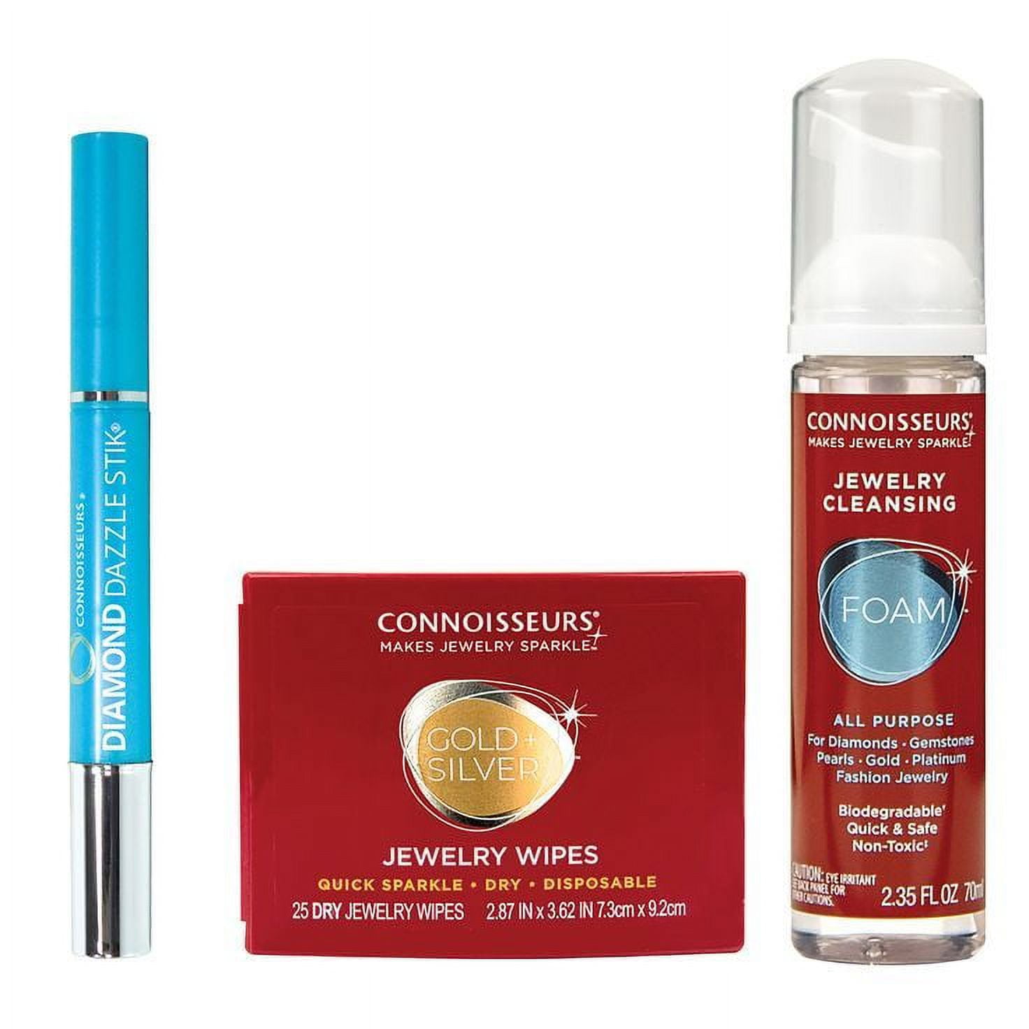 CONNOISSEURS Jewelry Cleaning Kit with Jewelry Wipes, Diamond Dazzle Stik, and Cleansing Foam
