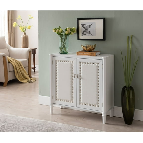 Connor 2 Door Accent Display Cabinet With Storage Shelf, White Faux Leather & Silver Buttons, Contemporary