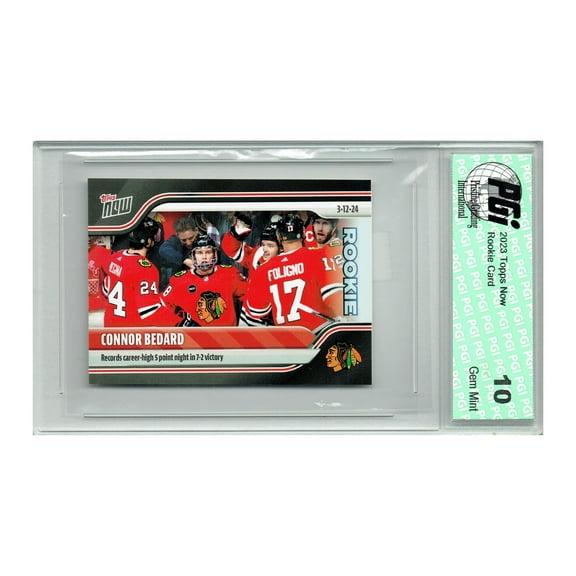 Connor Bedard 2023 Topps Now #144 5 Point Game Rookie Card PGI 10 Sticker Back
