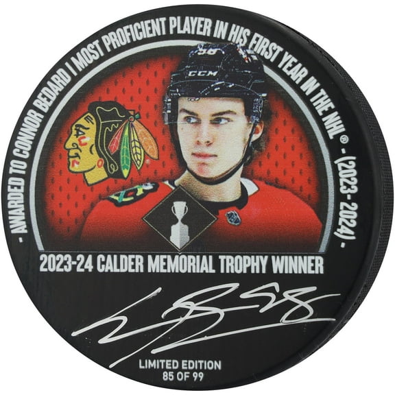 Connor Bedard Chicago Blackhawks Autographed 2024 Calder Trophy Hockey Puck - Limited Edition of 99 - Fanatics Authentic Certified