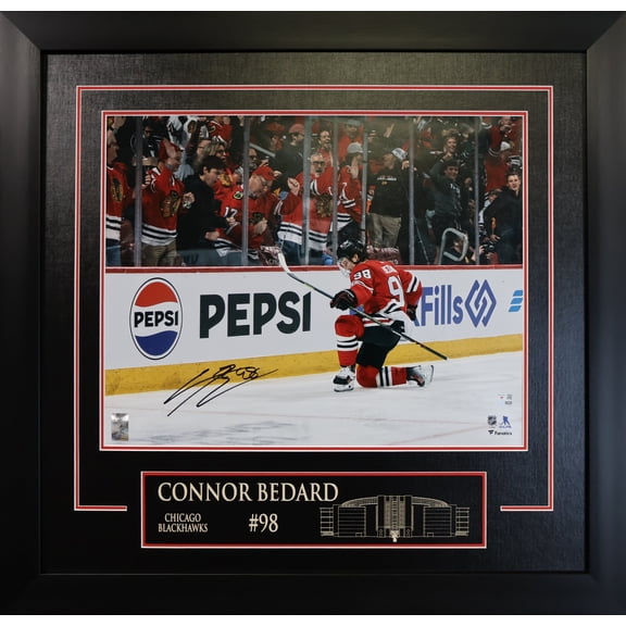 Connor Bedard Signed Framed 16x20 Photo Chicago Blackhawks Celebration Officially Licensed NHL/NHLPA Authentic Hand-Signed Autograph Finished Size 28.5x29.5 Inches by Frameworth Sports Marketing
