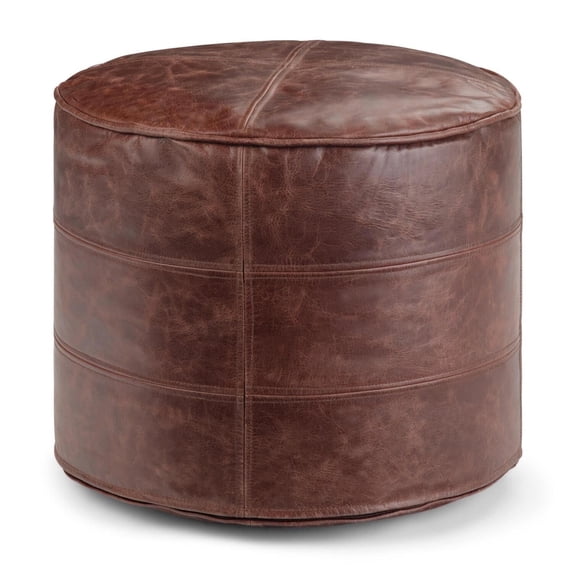 Simpli Home Connor 18 inch Wide Boho Round Pouf in Distressed Brown Genuine Leather