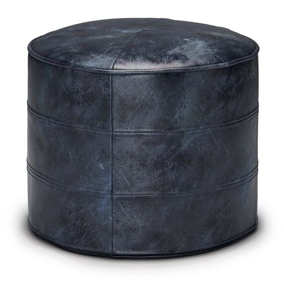 Simpli Home Connor 18 inch Wide Boho Round Pouf in Distressed Navy Blue Genuine Leather