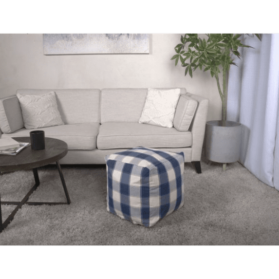 Connor Checkered Square Pouf Modern Design, Versatile Seating, Stylish Decor | Ivory & Navy Blue for Home Use & Office Spaces