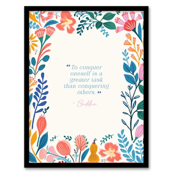 Conquer Oneself Buddhist Mindfulness Quote Floral Buddha Meditation Enlightenment Vihara Artwork Framed Wall Art Print A4