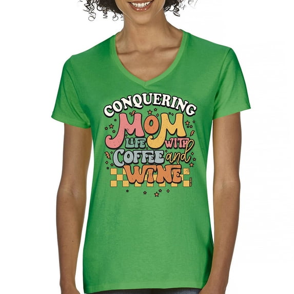 Conquering Mom Life With Coffee and Wine Women's V-Neck T-shirt Trendy Motherhood Parenting Family Soccer Mama #momlife Tee