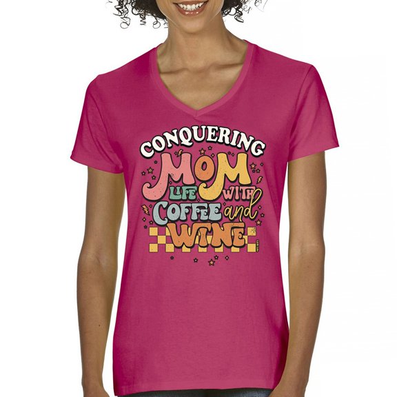 Conquering Mom Life With Coffee and Wine Women's V-Neck T-shirt Trendy Motherhood Parenting Family Soccer Mama #momlife Tee
