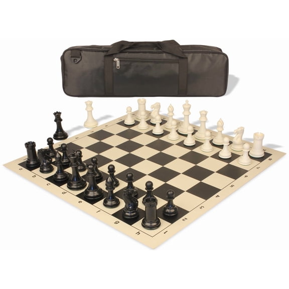 Conqueror Carry-All Plastic Chess Set - Black & Ivory Pieces with Vinyl Rollup Board - Black
