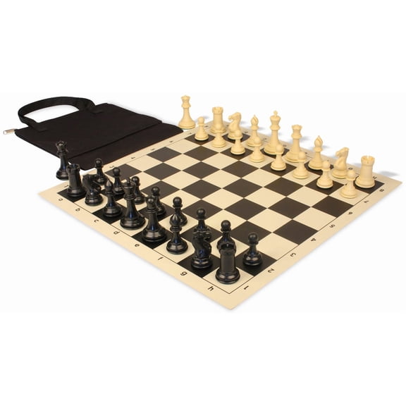 Conqueror Easy-Carry Plastic Chess Set Black & Camel Pieces with Vinyl Rollup Board - Black