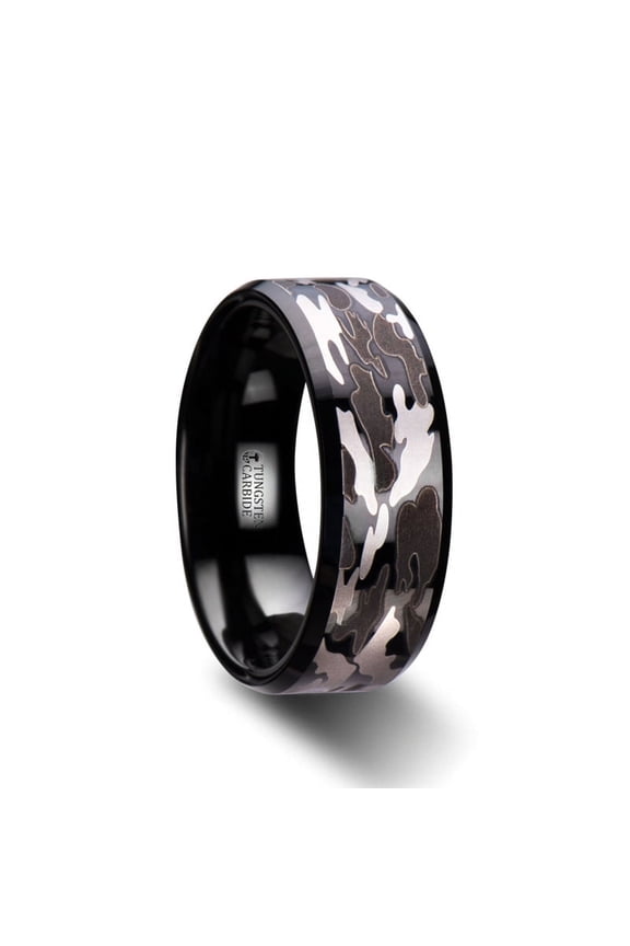 Conquest Beveled Black Tungsten Carbide Ring With Black And Gray Camo Pattern