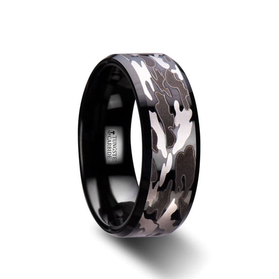 Conquest Beveled Black Tungsten Carbide Ring With Black And Gray Camo Pattern