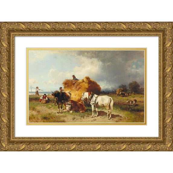 Conrad Bühlmayer 24x16 Gold Ornate Framed and Double Matted Museum Art Print Titled - Gathering in the Hay with Approaching Storm